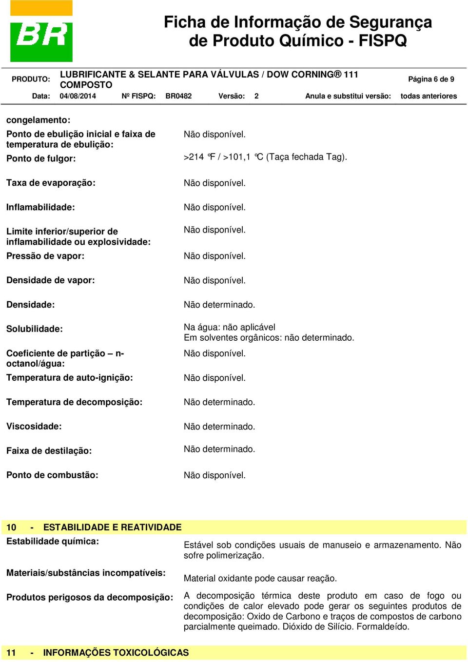 destilação: Ponto de combustão: >214 F / >101,1 C (Taça fechada Tag). Não determinado. Na água: não aplicável Em solventes orgânicos: não determinado. Não determinado. Não determinado. Não determinado. 10 - ESTABILIDADE E REATIVIDADE Estabilidade química: Estável sob condições usuais de manuseio e armazenamento.