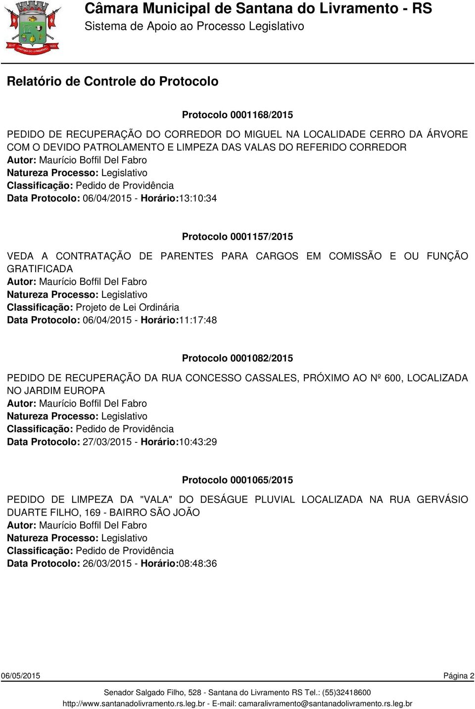 06/04/2015 - Horário:11:17:48 Protocolo 0001082/2015 PEDIDO DE RECUPERAÇÃO DA RUA CONCESSO CASSALES, PRÓXIMO AO Nº 600, LOCALIZADA NO JARDIM EUROPA Data Protocolo: 27/03/2015 -