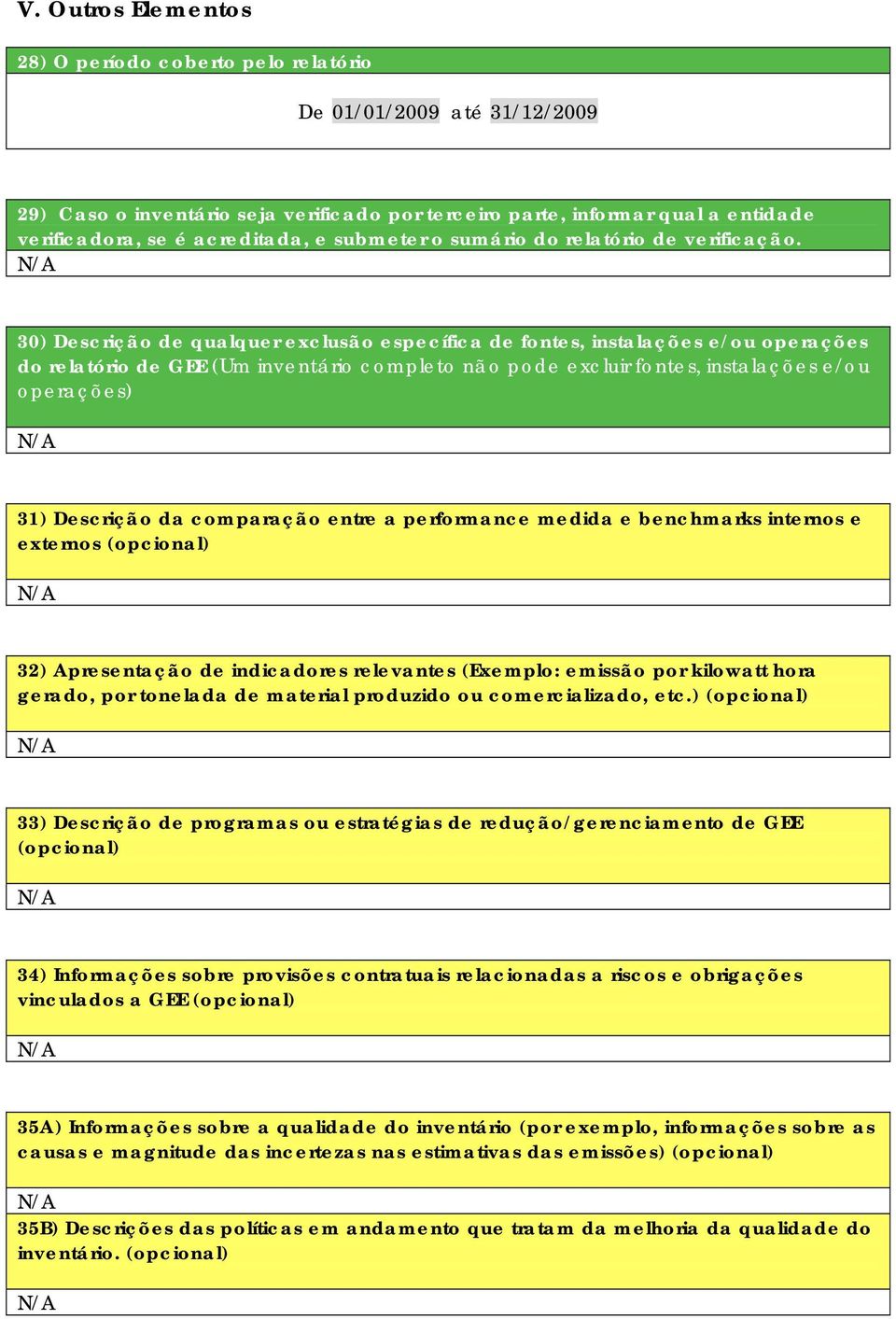 30) Descrição de qualquer exclusão específica de fontes, instalações e/ou operações do relatório de GEE (Um inventário completo não pode excluir fontes, instalações e/ou operações) 31) Descrição da