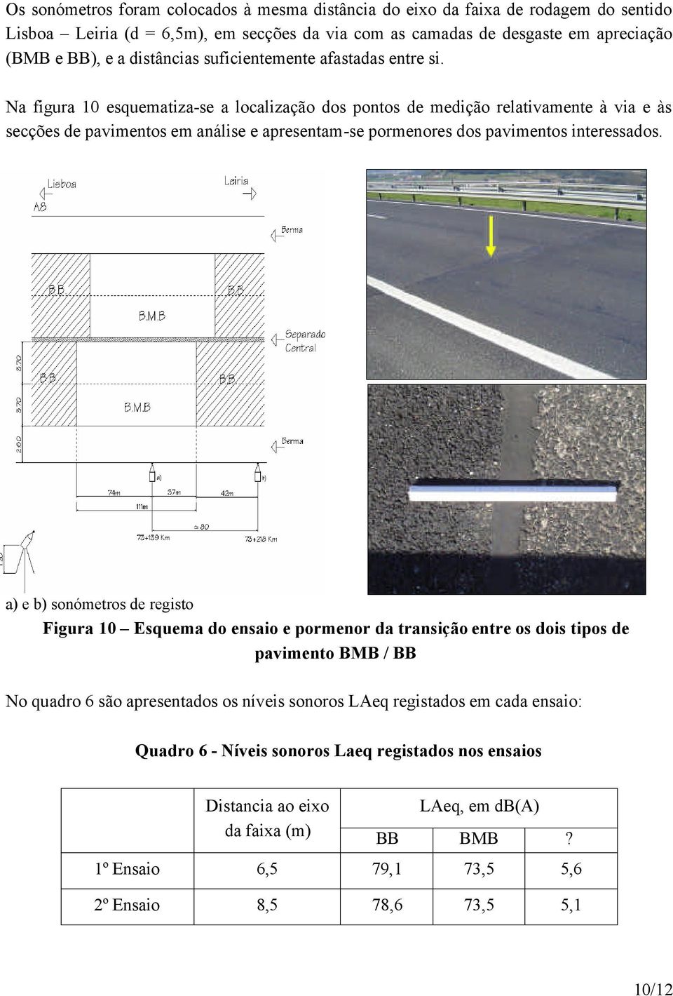 Na figura 10 esquematiza-se a localização dos pontos de medição relativamente à via e às secções de pavimentos em análise e apresentam-se pormenores dos pavimentos interessados.