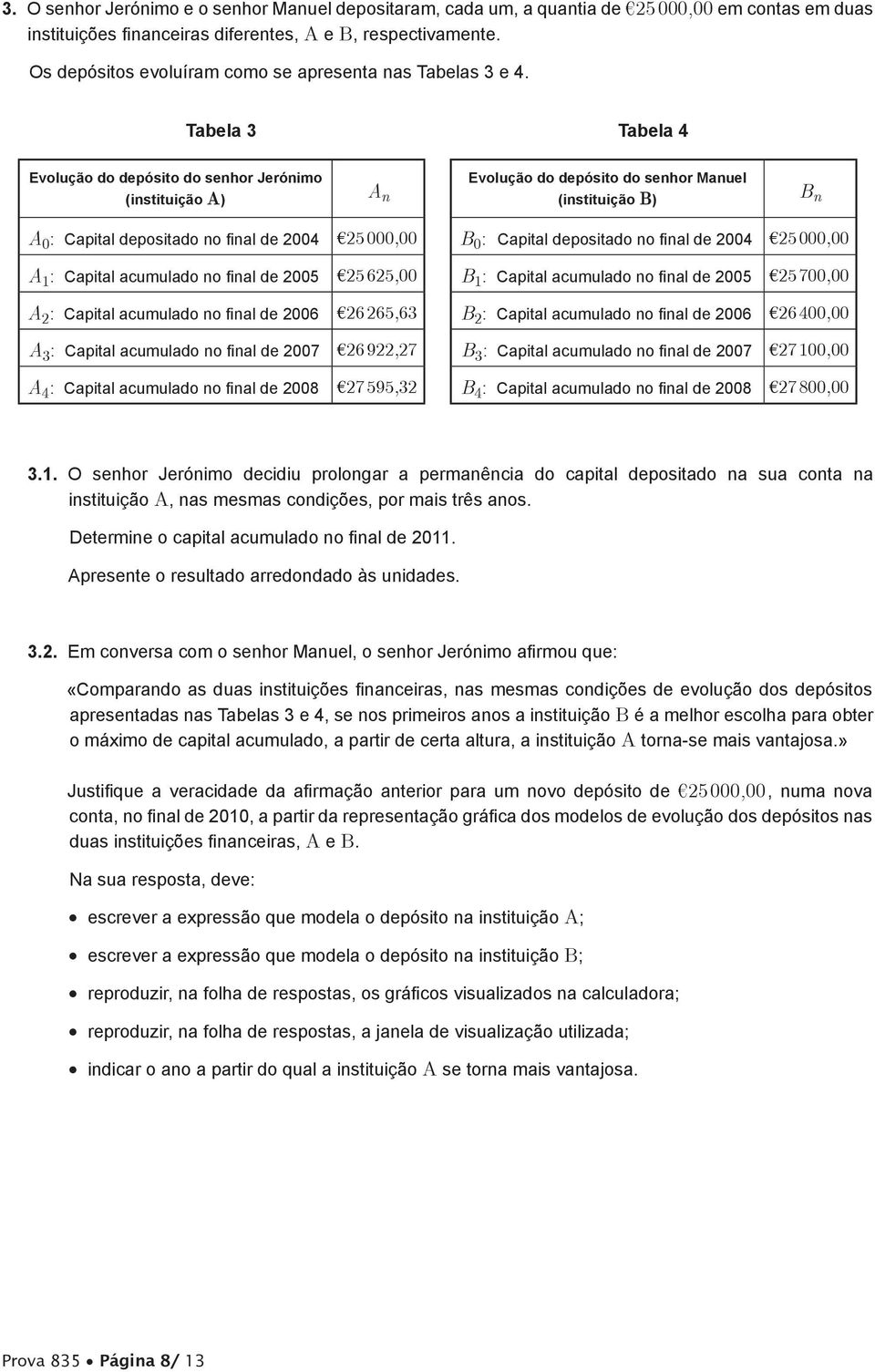 Tabela 3 Tabela 4 Evolução do depósito do senhor Jerónimo Evolução do depósito do senhor Manuel (instituição A) A n (instituição B) B n A 0 : Capital depositado no final de 2004 25 000,00 B 0 :