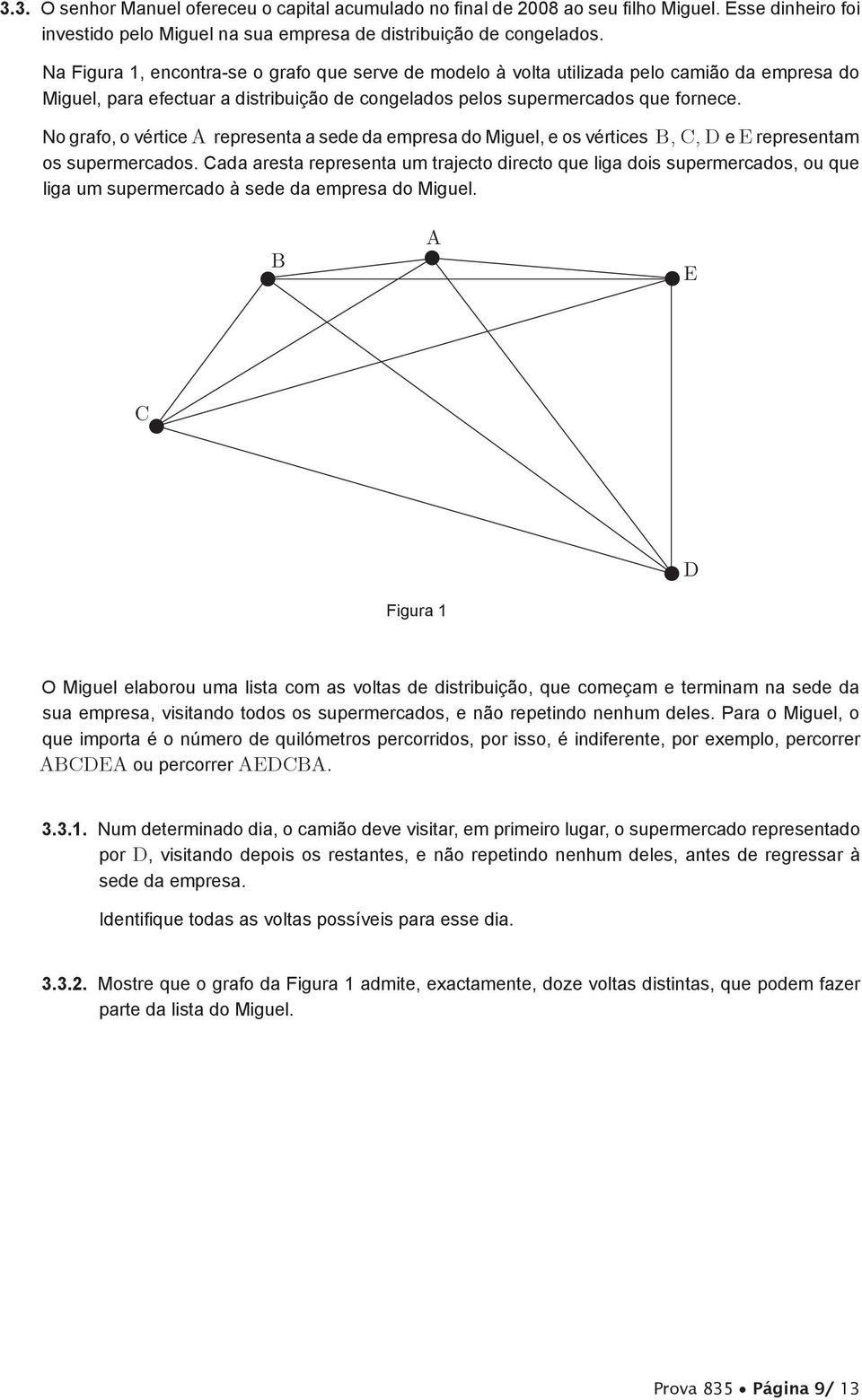 No grafo, o vértice A representa a sede da empresa do Miguel, e os vértices B, C, D e E representam os supermercados.