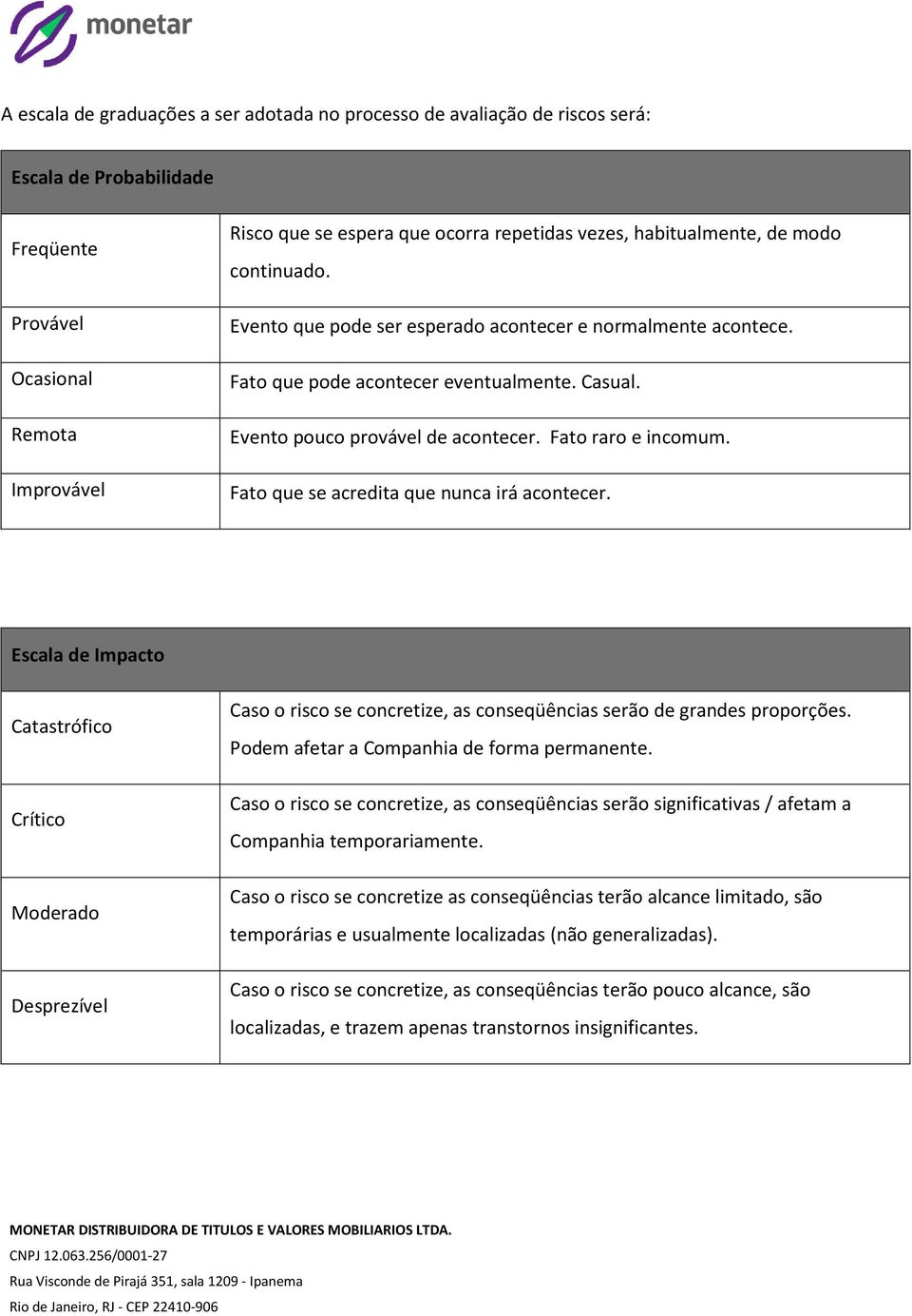 Fato raro e incomum. Fato que se acredita que nunca irá acontecer. Escala de Impacto Catastrófico Crítico Moderado Desprezível Caso o risco se concretize, as conseqüências serão de grandes proporções.