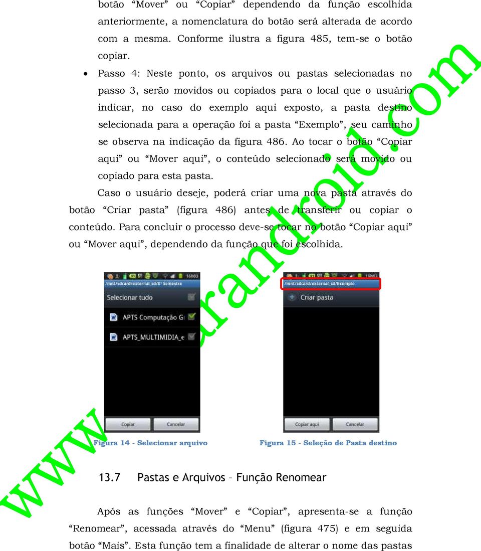 operação foi a pasta Exemplo, seu caminho se observa na indicação da figura 486. Ao tocar o botão Copiar aqui ou Mover aqui, o conteúdo selecionado será movido ou copiado para esta pasta.