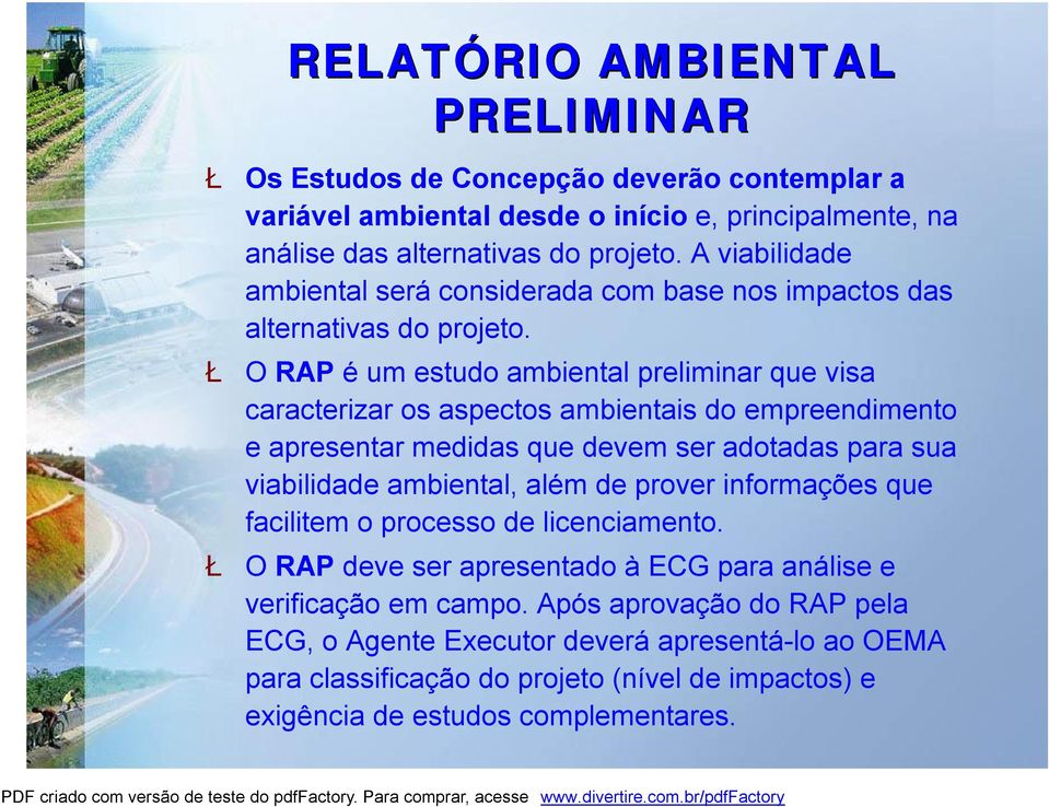 Ł O RAP é um estudo ambiental preliminar que visa caracterizar os aspectos ambientais do empreendimento e apresentar medidas que devem ser adotadas para sua viabilidade ambiental, além de