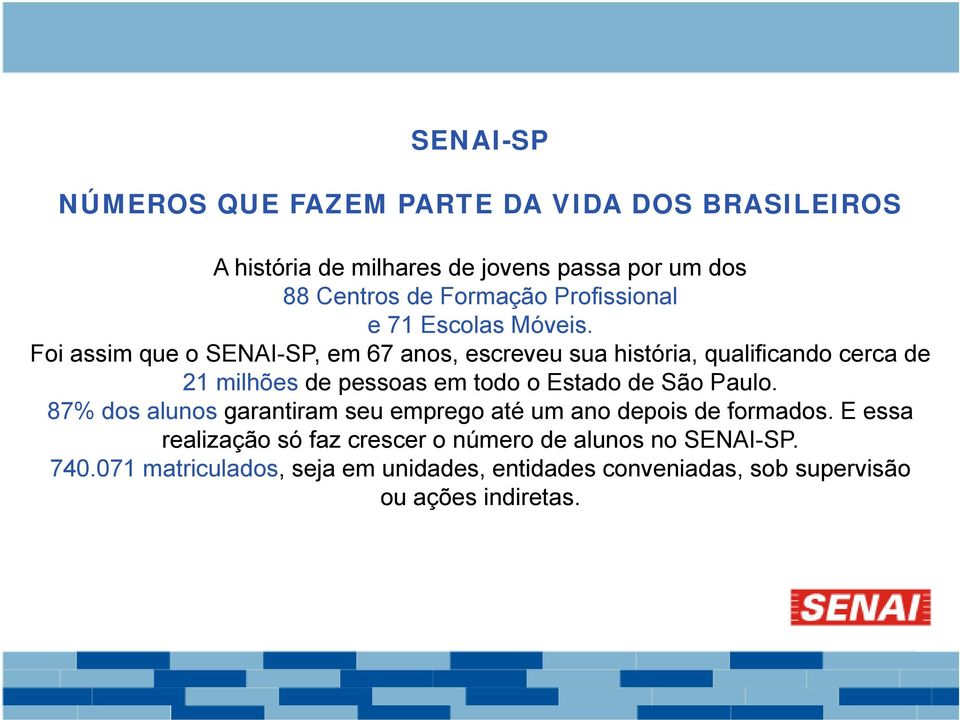 Foi assim que o SENAI-SP, em 67 anos, escreveu sua história, qualificando cerca de 21 milhões de pessoas em todo o Estado de São