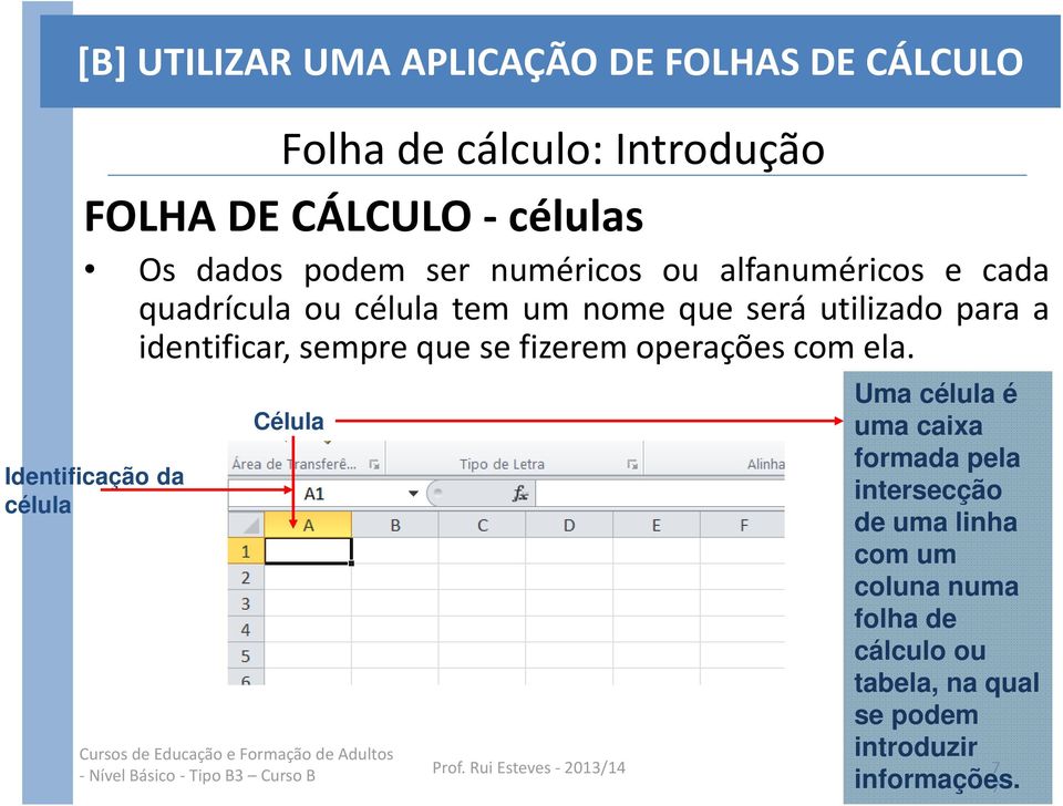 Identificação da célula Célula Uma célula é uma caixa formada pela intersecção de uma linha com um