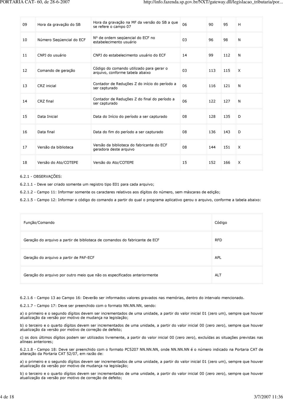 conforme tabela abaixo 03 113 115 X 13 CRZ inicial Contador de Reduções Z do início do período a ser capturado 06 116 121 N 14 CRZ final Contador de Reduções Z do final do período a ser capturado 06