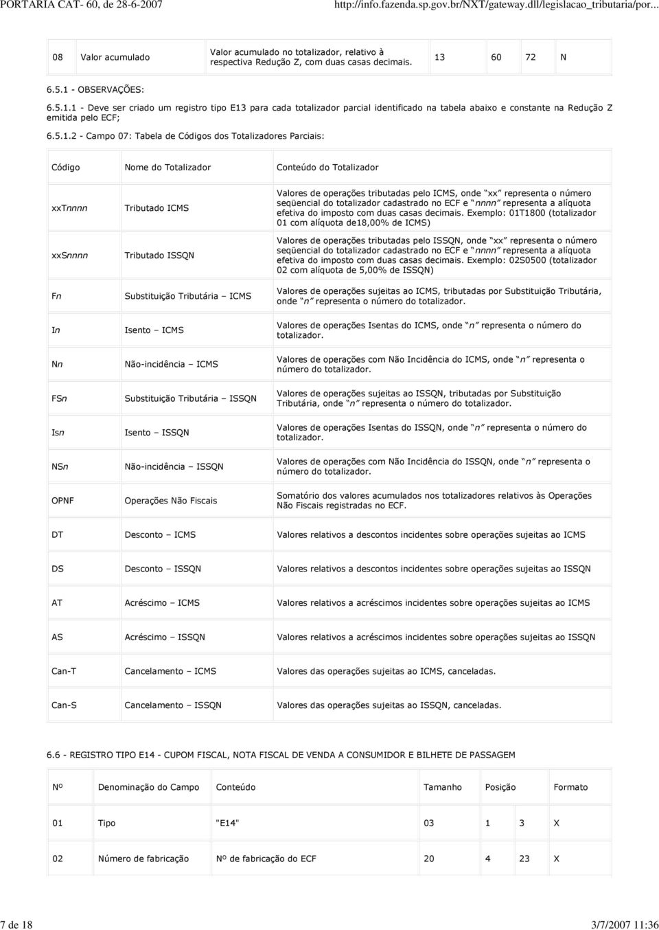 Valores de operações tributadas pelo ICMS, onde xx representa o número seqüencial do totalizador cadastrado no ECF e nnnn representa a alíquota efetiva do imposto com duas casas decimais.