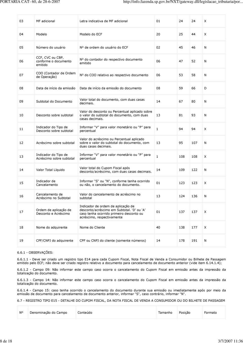 53 58 N 08 Data de início da emissão Data de início da emissão do documento 08 59 66 D 09 Subtotal do Documento Valor total do documento, com duas casas decimais.