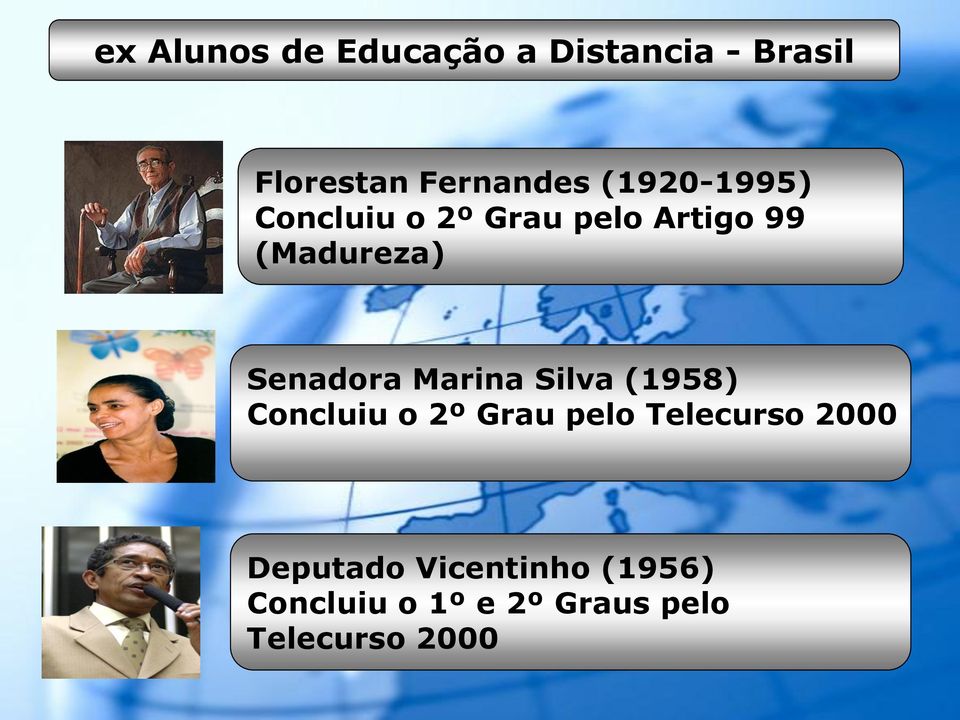 Senadora Marina Silva (1958) Concluiu o 2º Grau pelo Telecurso