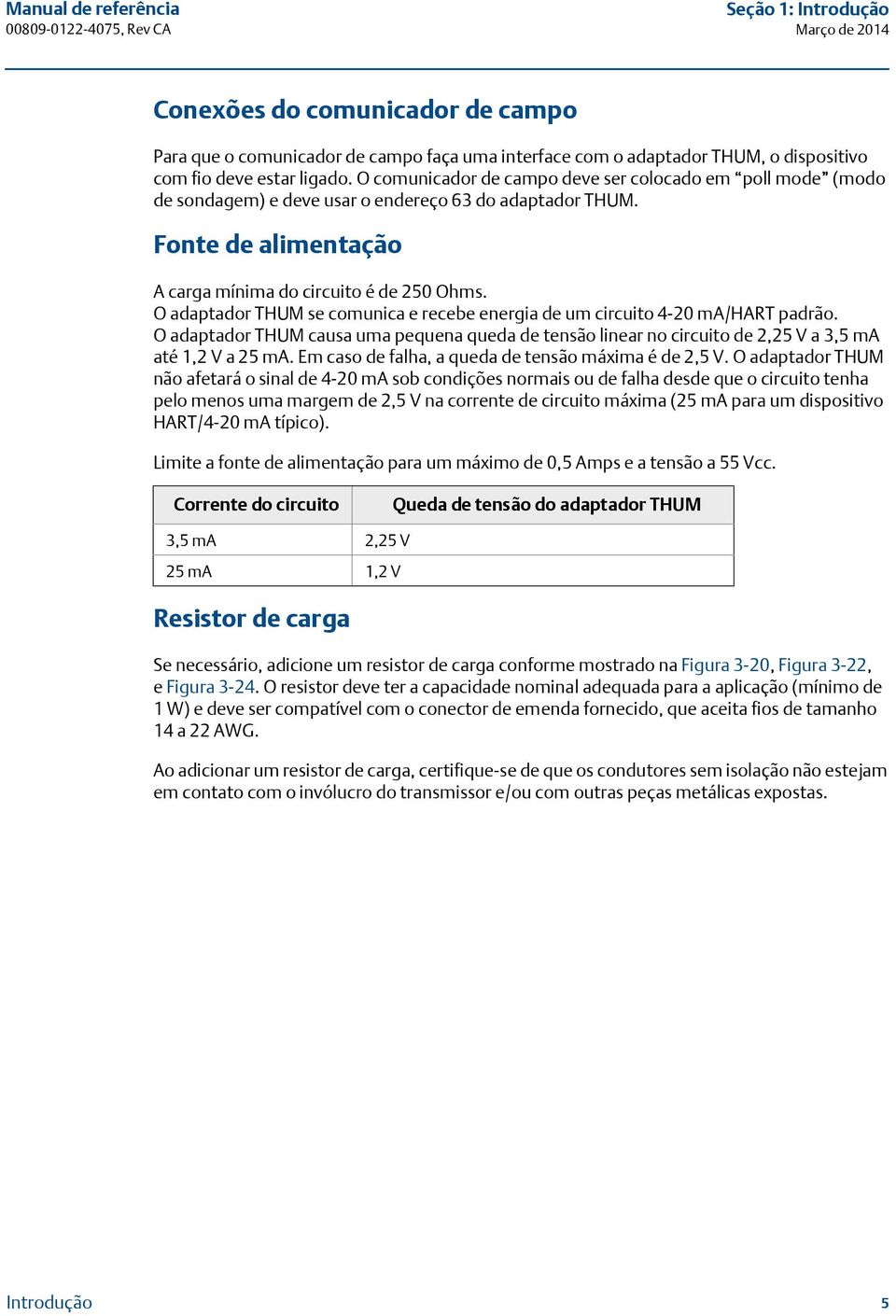 O adaptador THUM se comunica e recebe energia de um circuito 4-20 ma/hart padrão. O adaptador THUM causa uma pequena queda de tensão linear no circuito de 2,25 V a 3,5 ma até 1,2 V a 25 ma.