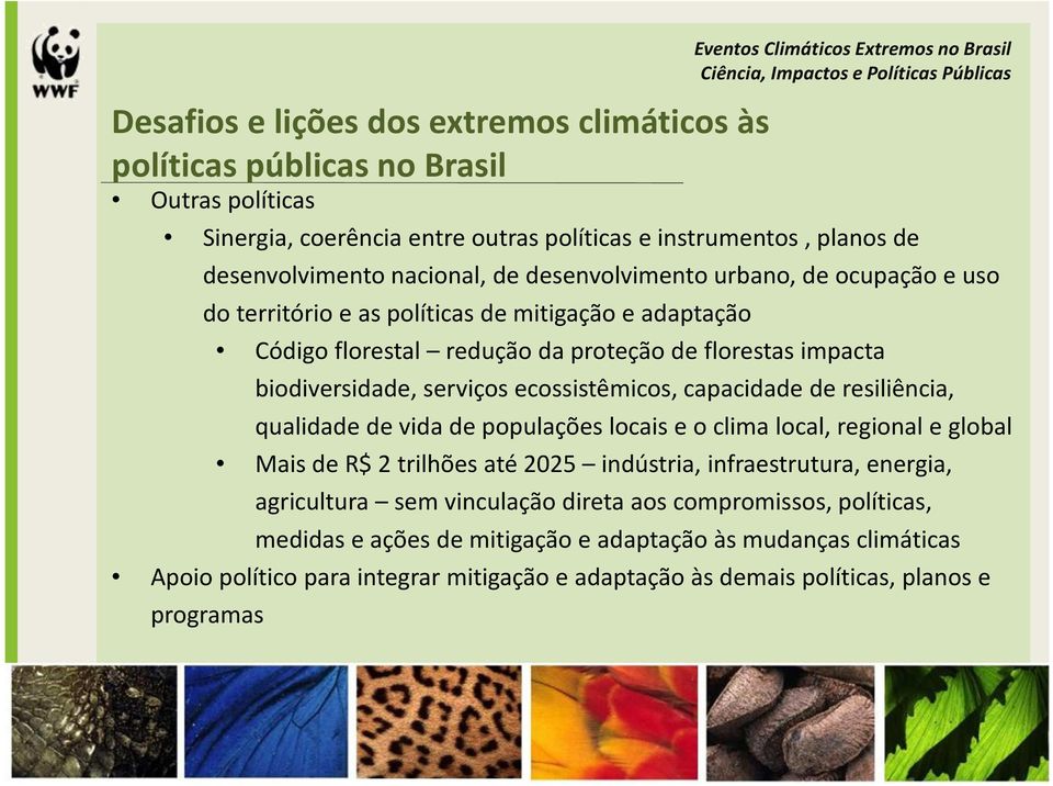 ecossistêmicos, capacidade de resiliência, qualidade de vida de populações locais e o clima local, regional e global Mais de R$ 2 trilhões até 2025 indústria, infraestrutura, energia,