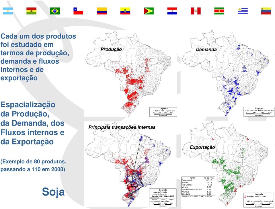internas Exportação (Exemplo de 80 produtos, passando a 110 em 2008) Soja Porto % do total Paranaguá 32.
