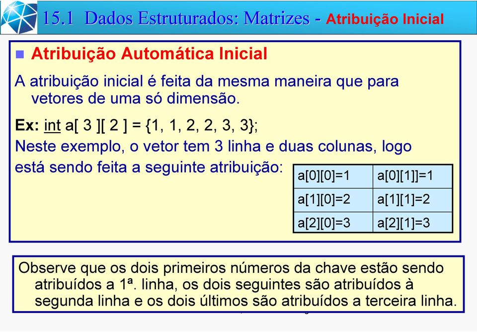 Ex: int a[ 3 ][ 2 ] = {1, 1, 2, 2, 3, 3}; Neste exemplo, o vetor tem 3 linha e duas colunas, logo está sendo feita a seguinte atribuição: