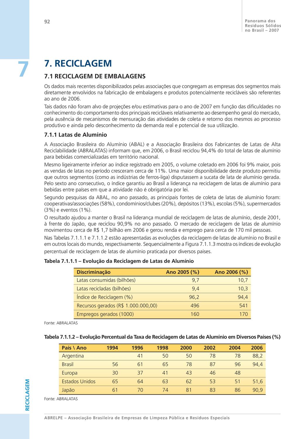 recicláveis são referentes ao ano de 2006.