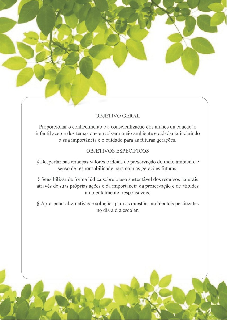 OBJETIVOS ESPECÍFICOS Despertar nas crianças valores e ideias de preservação do meio ambiente e senso de responsabilidade para com as gerações futuras;