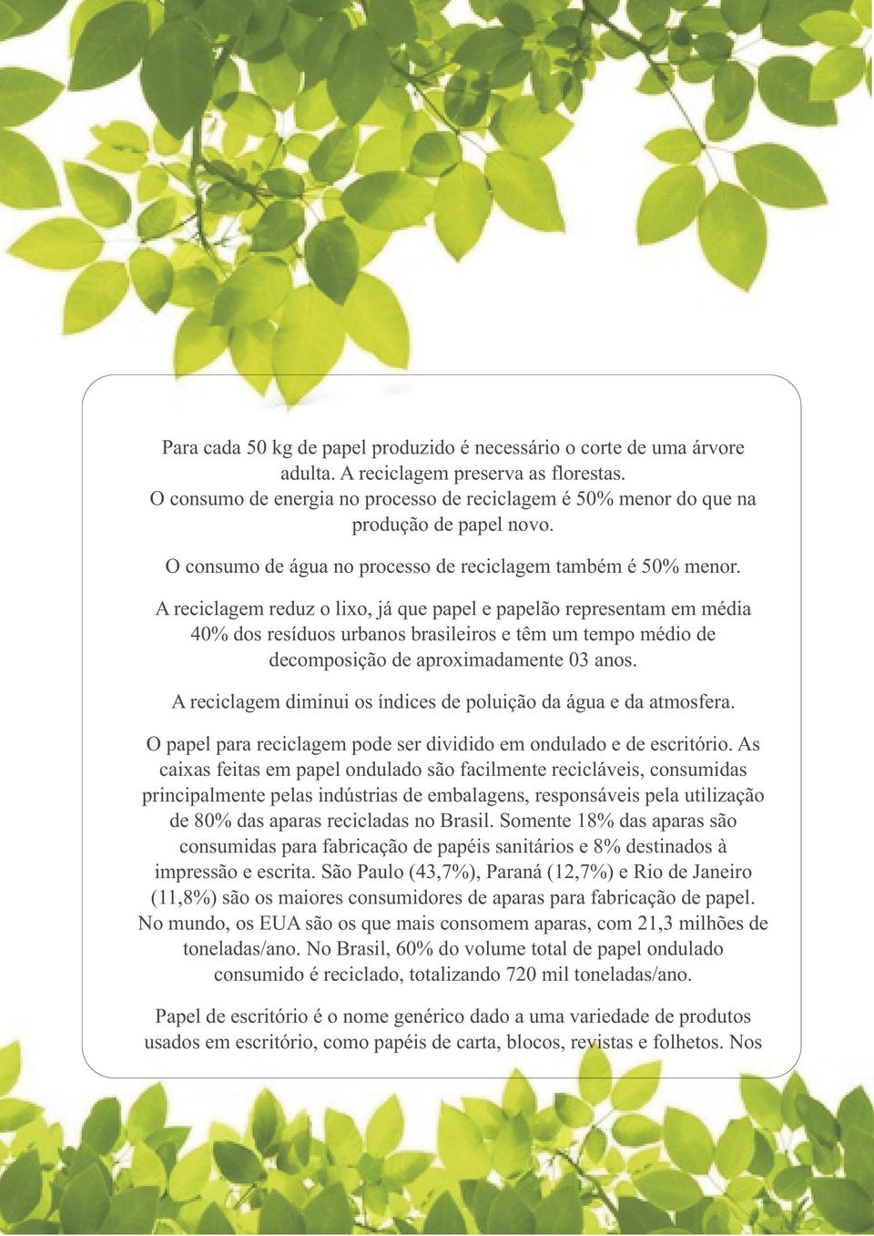 A reciclagem reduz o lixo, já que papel e papelão representam em média 40% dos resíduos urbanos brasileiros e têm um tempo médio de decomposição de aproximadamente 03 anos.