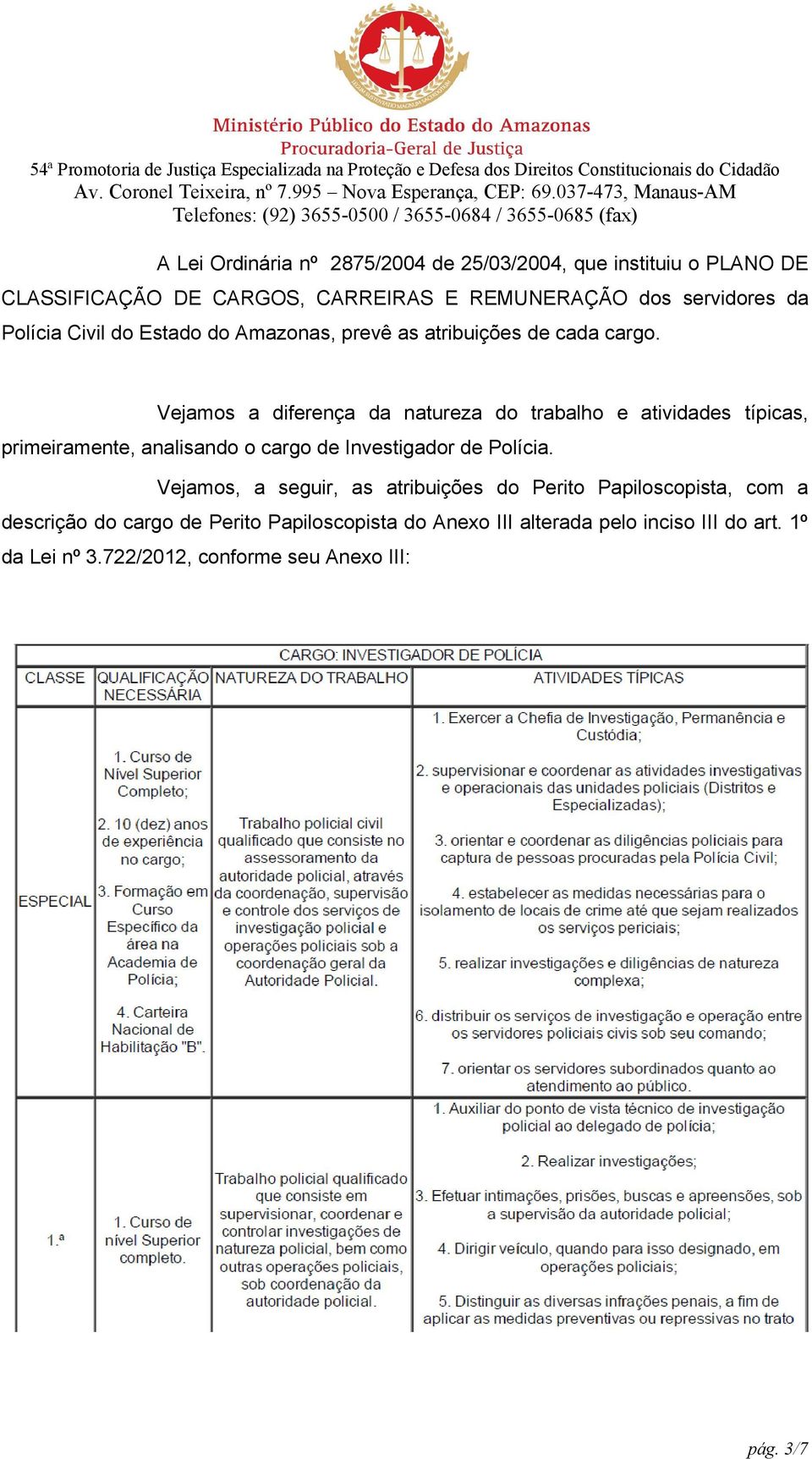 Vejamos a diferença da natureza do trabalho e atividades típicas, primeiramente, analisando o cargo de Investigador de Polícia.