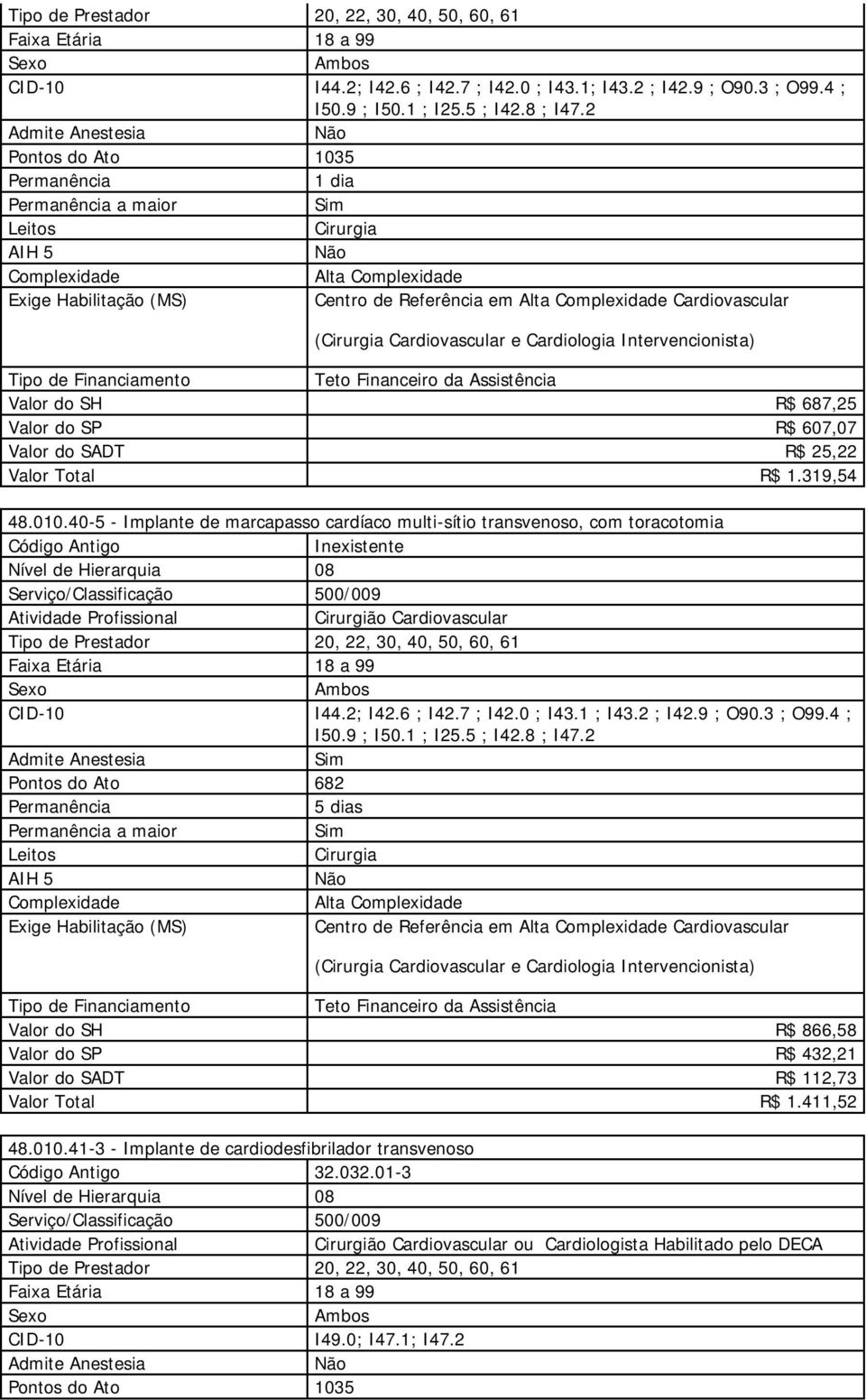 R$ 1.319,54 48.010.40-5 - Implante de marcapasso cardíaco multi-sítio transvenoso, com toracotomia Código Antigo Inexistente Serviço/Classificação 500/009 Faixa Etária 18 a 99 I44.2; I42.6 ; I42.