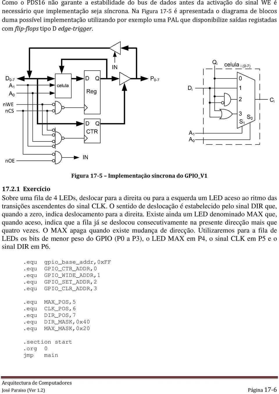 Figura 17 5 Implementação síncrona do GPIO_V1 17.2.1 Exercício Sobre uma fila de 4 LEDs, deslocar para a direita ou para a esquerda um LED aceso ao ritmo das transições ascendentes do sinal CLK.