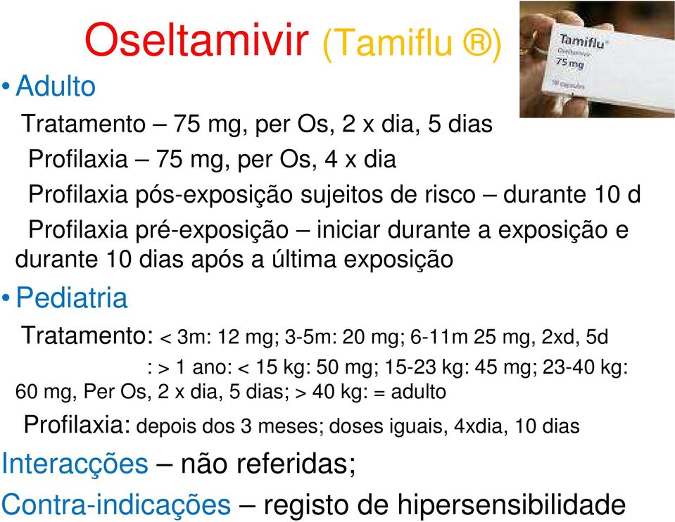 3m: 12 mg; 3-5m: 20 mg; 6-11m 25 mg, 2xd, 5d : > 1 ano: < 15 kg: 50 mg; 15-23 kg: 45 mg; 23-40 kg: 60 mg, Per Os, 2 x dia, 5 dias; > 40 kg: =