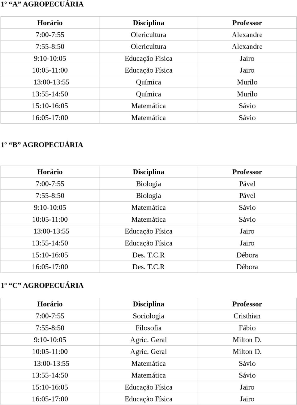 Matemática Sávio 13:00-13:55 Educação Física Jairo 13:55-14:50 Educação Física Jairo 15:10-16:05 Des. T.C.