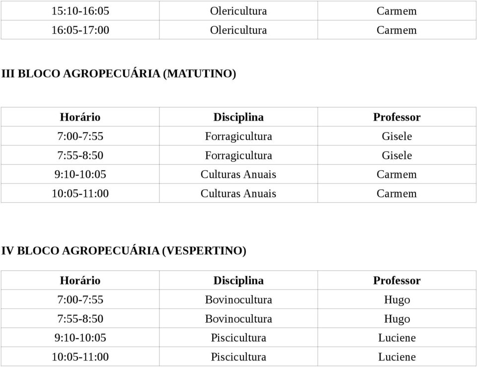 Carmem 10:05-11:00 Culturas Anuais Carmem IV BLOCO AGROPECUÁRIA (VESPERTINO) 7:00-7:55