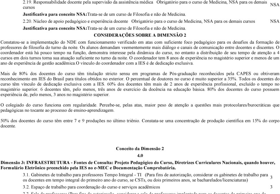 Núcleo de apoio pedagógico e experiência docente Obrigatório para o curso de Medicina, para os demais cursos Justificativa para conceito :Trata se de um curso de Filosofia e não de Medicina.