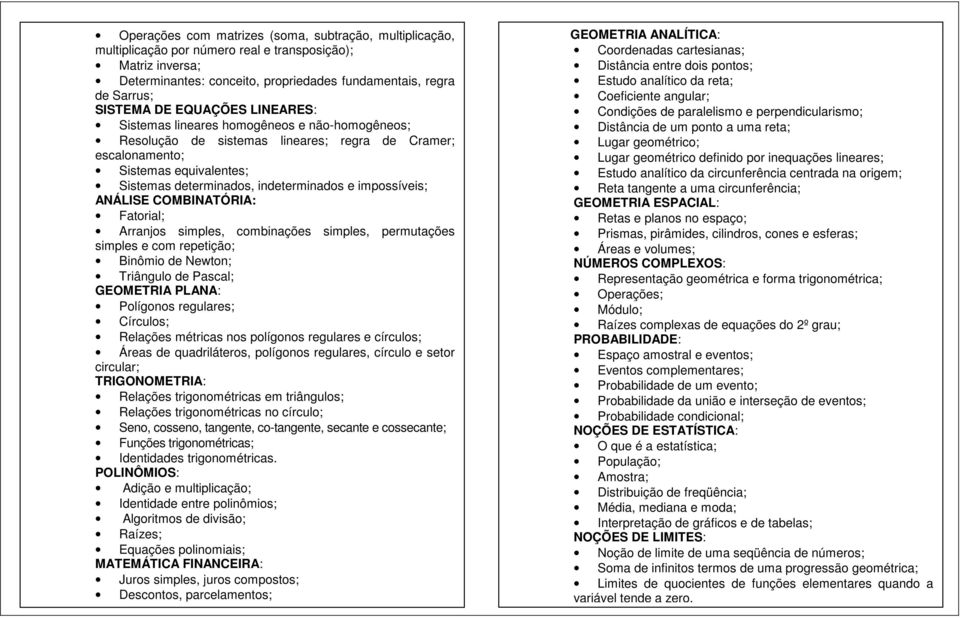 impossíveis; ANÁLISE COMBINATÓRIA: Fatorial; Arranjos simples, combinações simples, permutações simples e com repetição; Binômio de Newton; Triângulo de Pascal; GEOMETRIA PLANA: Polígonos regulares;