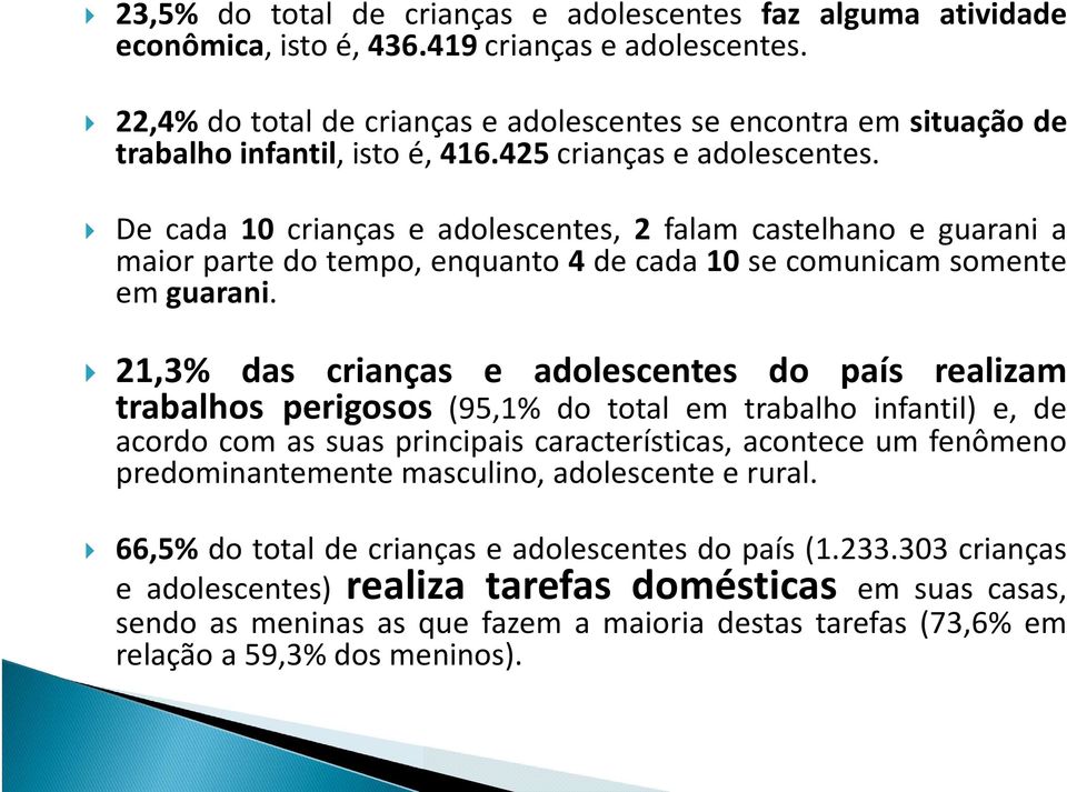 De cada 10 crianças e adolescentes, 2 falam castelhano e guarani a maior parte do tempo, enquanto 4 de cada 10 se comunicam somente em guarani.