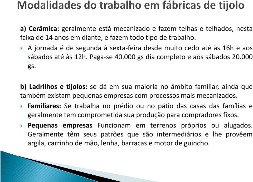 dia completo e aos sábados 20.000 gs. b) Ladrilhos e tijolos: se dá em sua maioria no âmbito familiar, ainda que também existam pequenas empresas com processos mais mecanizados.