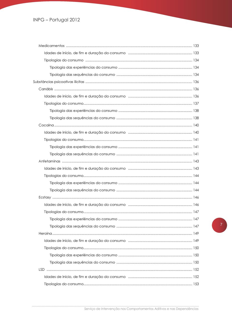 .. 138 Tipologia das sequências do consumo... 138 Cocaína... 140 Idades de início, de fim e duração do consumo... 140 Tipologias do consumo... 141 Tipologia das experiências do consumo.