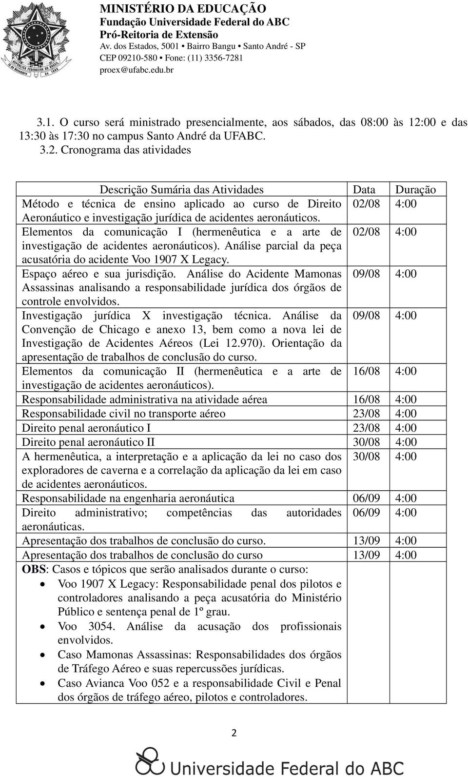 Cronograma das atividades Descrição Sumária das Atividades Data Duração Método e técnica de ensino aplicado ao curso de Direito 02/08 4:00 Aeronáutico e investigação jurídica de acidentes