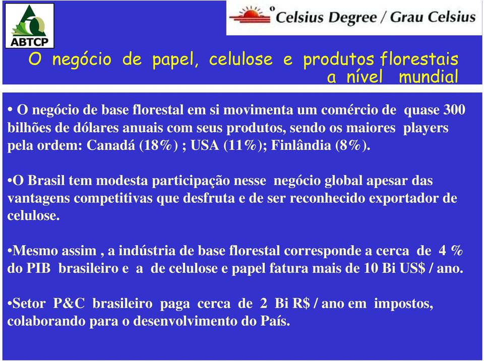 O Brasil tem modesta participação nesse negócio global apesar das vantagens competitivas que desfruta e de ser reconhecido exportador de celulose.