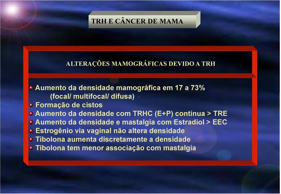 Aumento da densidade e mastalgia com Estradiol > EEC Estrogênio via vaginal não altera