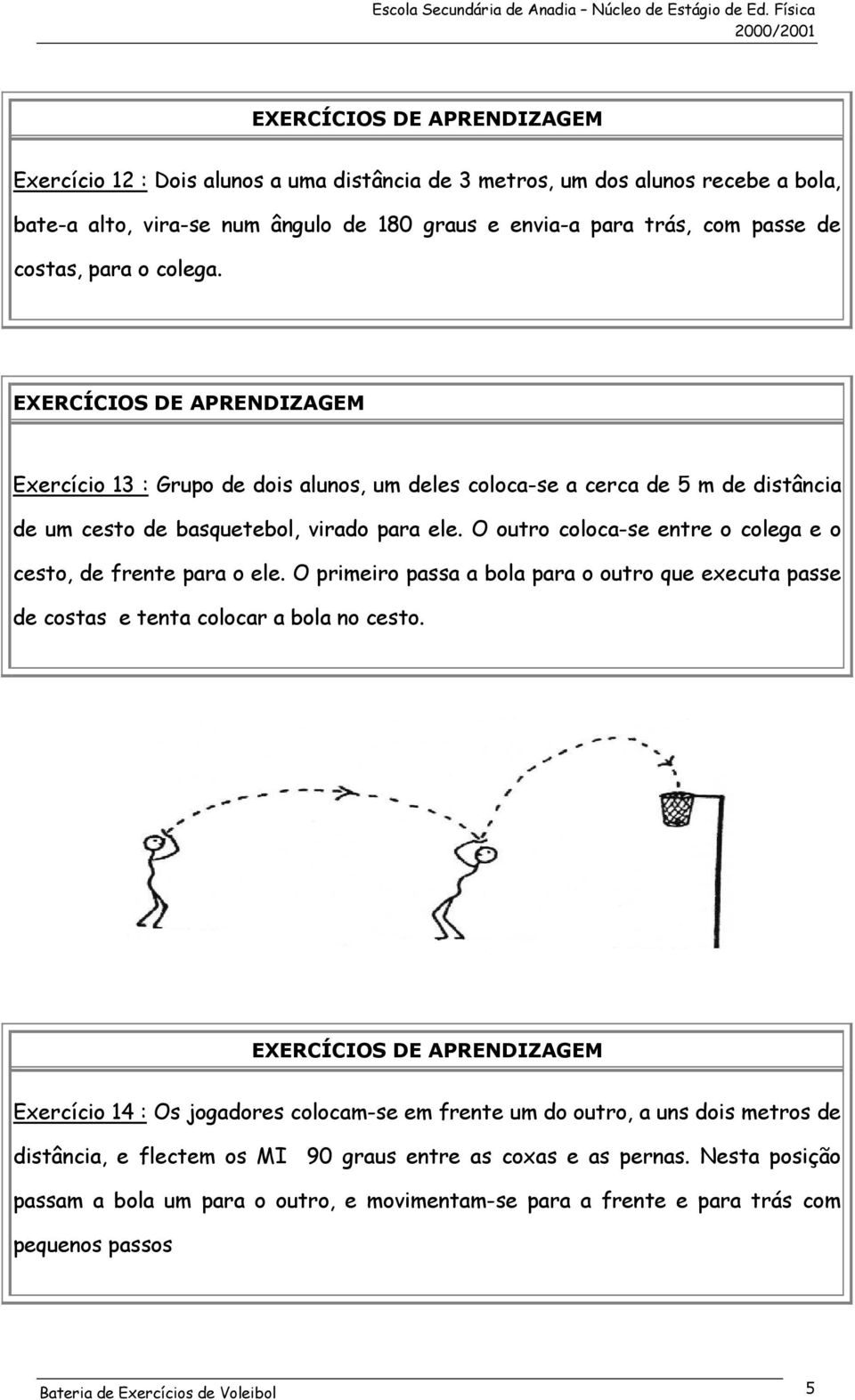 O outro coloca-se entre o colega e o cesto, de frente para o ele. O primeiro passa a bola para o outro que executa passe de costas e tenta colocar a bola no cesto.