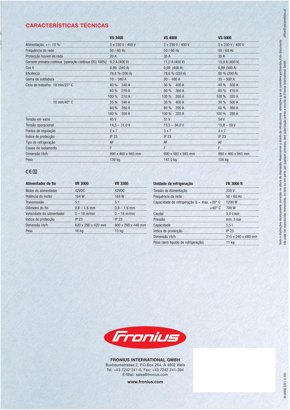 (220 A) 80 % (200 A) Gama de soldadura 10 340 A 30 400 A 35 500 A Ciclo de trabalho: 10 min/25 C 40 % 340 A 50 % 400 A 40 % 500 A 60 % 270 A 60 % 360 A 60 % 410 A 100 % 210 A 100 % 280 A 100 % 320 A