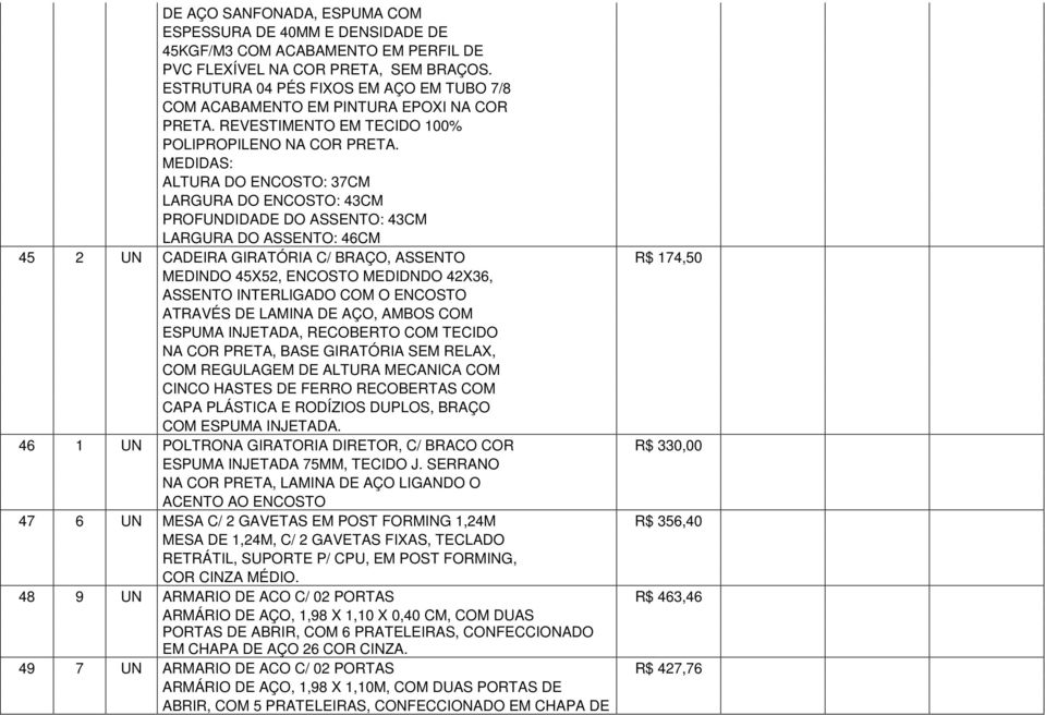 MEDIDAS: ALTURA DO ENCOSTO: 37CM LARGURA DO ENCOSTO: 43CM PROFUNDIDADE DO ASSENTO: 43CM LARGURA DO ASSENTO: 46CM 45 2 UN CADEIRA GIRATÓRIA C/ BRAÇO, ASSENTO R$ 174,50 MEDINDO 45X52, ENCOSTO MEDIDNDO