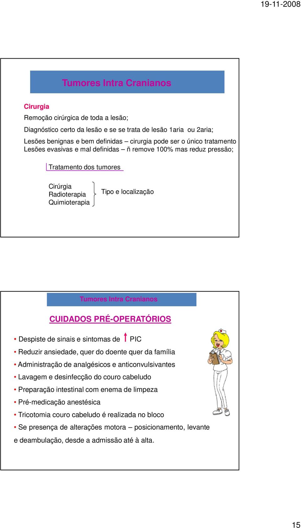 sintomas de PIC Reduzir ansiedade, quer do doente quer da família Administração de analgésicos e anticonvulsivantes Lavagem e desinfecção do couro cabeludo Preparação intestinal com