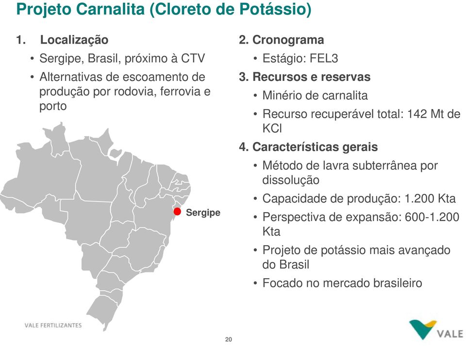 Cronograma Estágio: FEL3 3. Recursos e reservas Minério de carnalita Recurso recuperável total: 142 Mt de KCl 4.