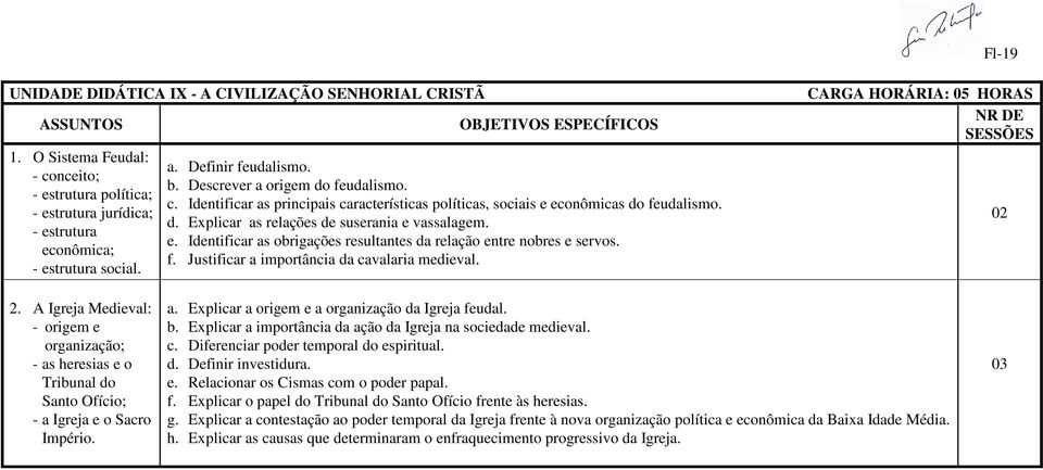 d. Explicar as relações de suserania e vassalagem. e. Identificar as obrigações resultantes da relação entre nobres e servos. f. Justificar a importância da cavalaria medieval. Fl-19 2.