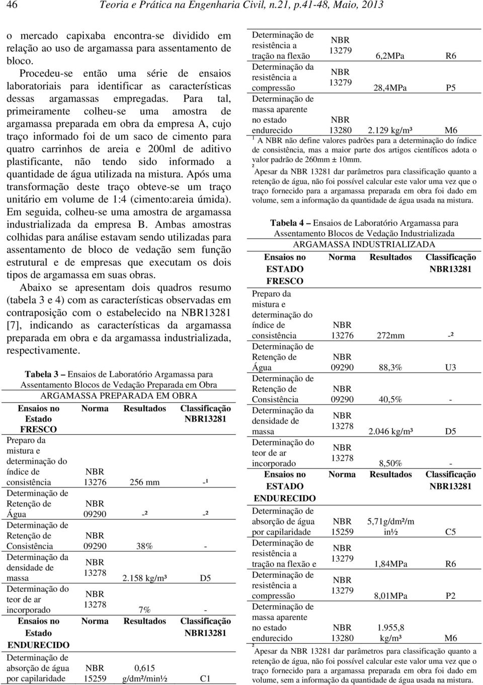 Para tal, primeiramente colheu-se uma amostra de argamassa preparada em obra da empresa A, cujo traço informado foi de um saco de cimento para quatro carrinhos de areia e 200ml de aditivo