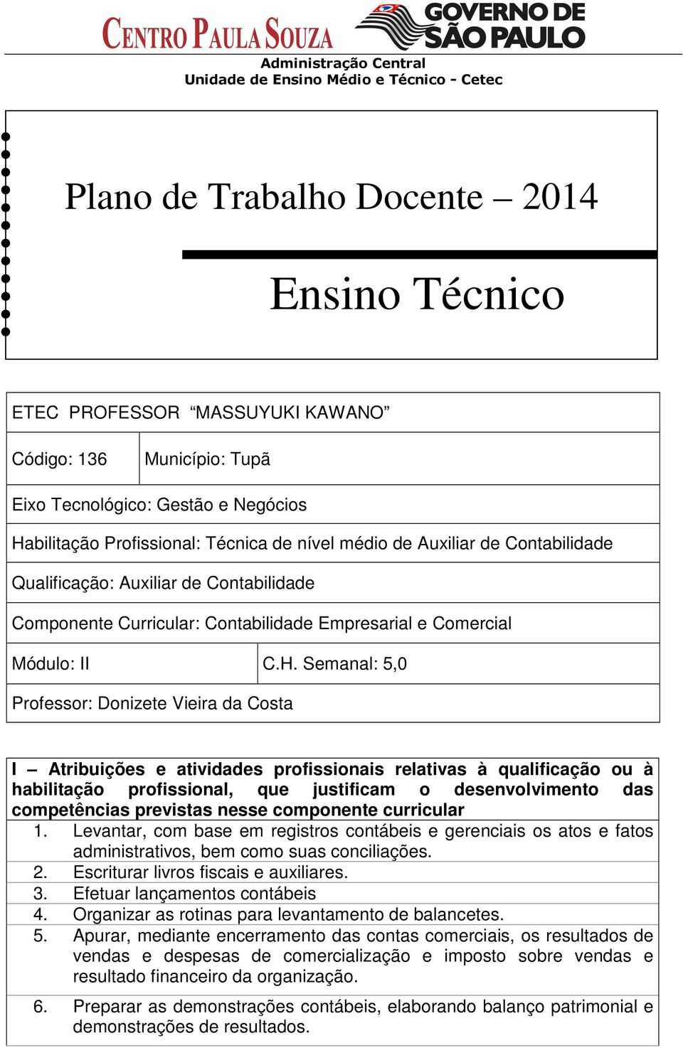 Semnl: 5,0 Professor: Donizete Vieir d Cost I Atribuições e tividdes profissionis reltivs à qulificção ou à hbilitção profissionl, que justificm o desenvolvimento ds competêncis prevists nesse