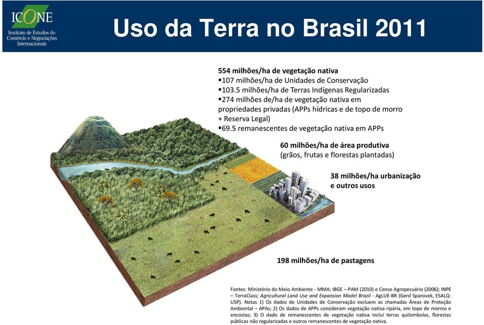 5 remanescentes de vegetação nativa em APPs 60 milhões/ha de área produtiva (grãos, frutas e florestas plantadas) 38 milhões/ha urbanização e outros usos 198 milhões/ha de pastagens Fontes: