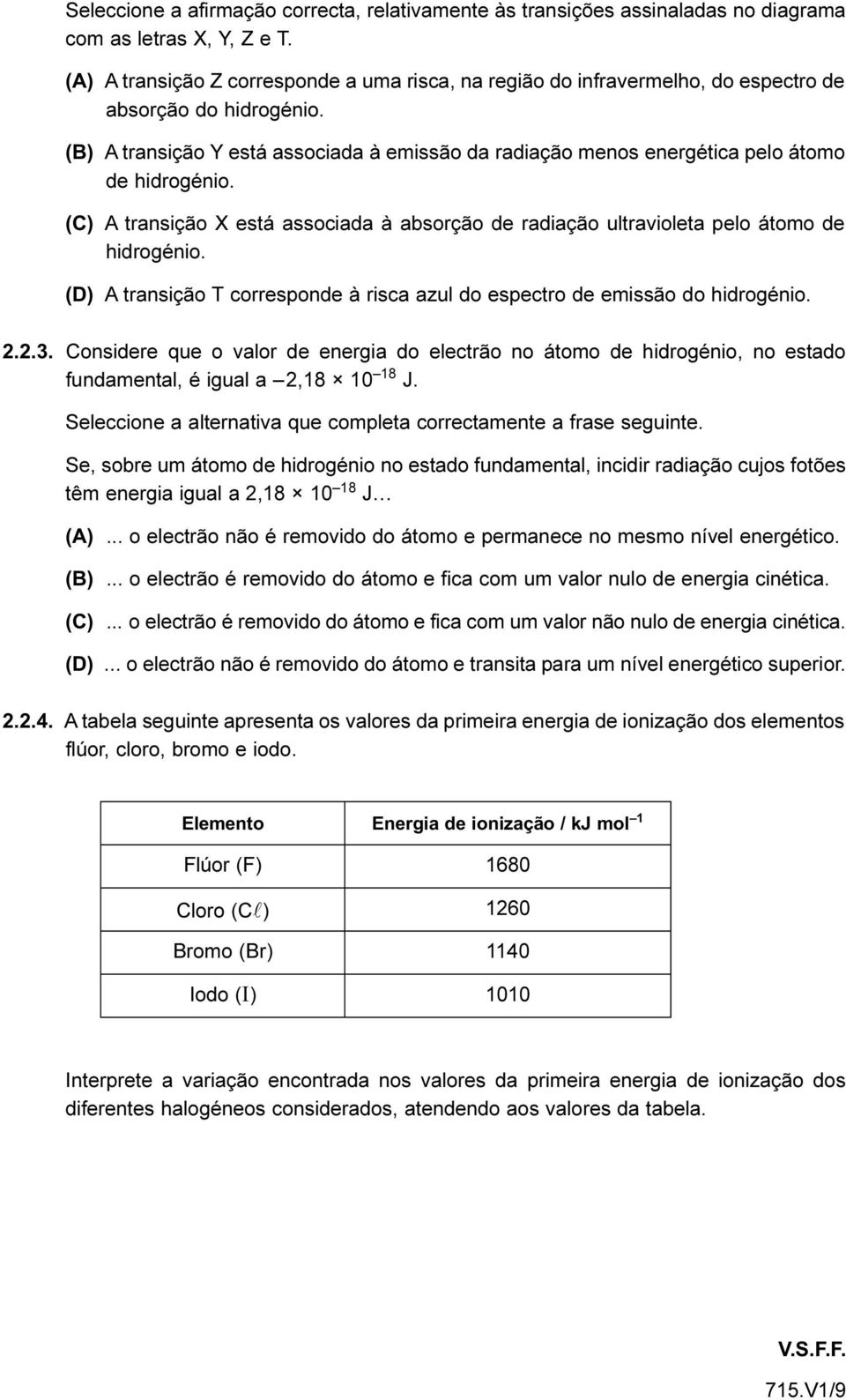 (B) A transição Y está associada à emissão da radiação menos energética pelo átomo de hidrogénio. (C) A transição X está associada à absorção de radiação ultravioleta pelo átomo de hidrogénio.