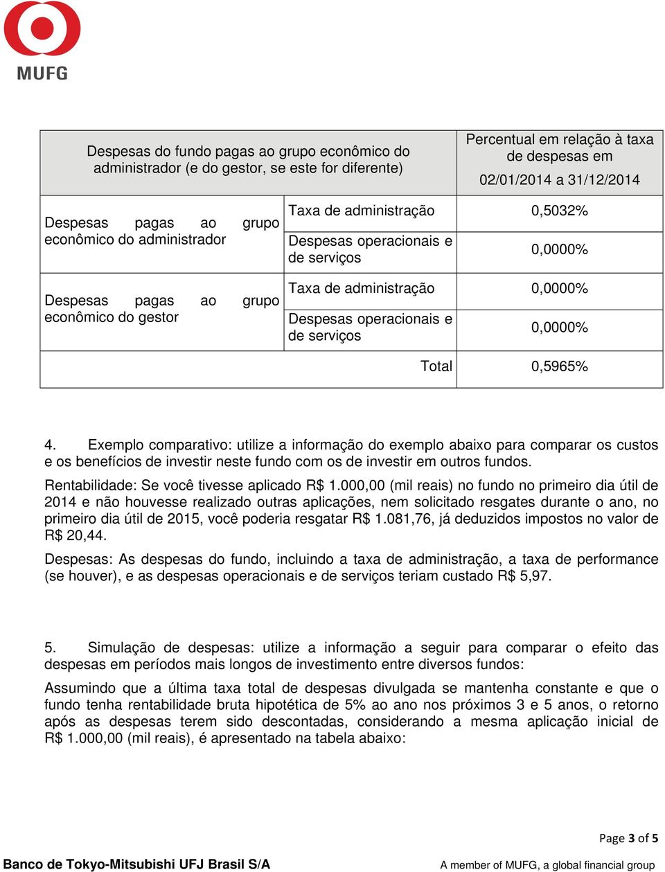 serviços 0,0000% Total 0,5965% 4. Exemplo comparativo: utilize a informação do exemplo abaixo para comparar os custos e os benefícios de investir neste fundo com os de investir em outros fundos.