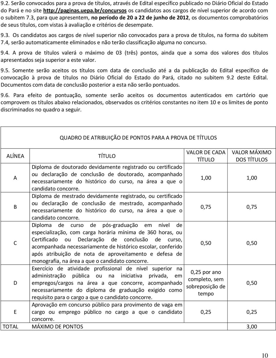 3, para que apresentem, no período de 20 a 22 de junho de 2012, os documentos comprobatórios de seus títulos, com vistas à avaliação e critérios de desempate. 9.3. Os candidatos aos cargos de nível superior não convocados para a prova de títulos, na forma do subitem 7.