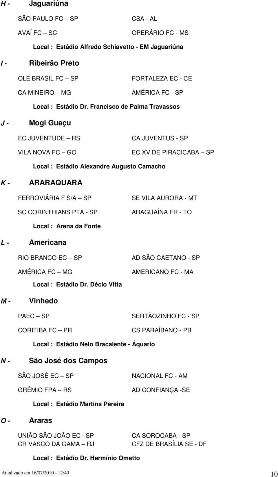 Francisco de Palma Travassos J - Mogi Guaçu EC JUVENTUDE RS VILA NOVA FC GO CA JUVENTUS - SP EC XV DE PIRACICABA SP Local : Estádio Alexandre Augusto Camacho K - ARARAQUARA FERROVIÁRIA F S/A SP SC