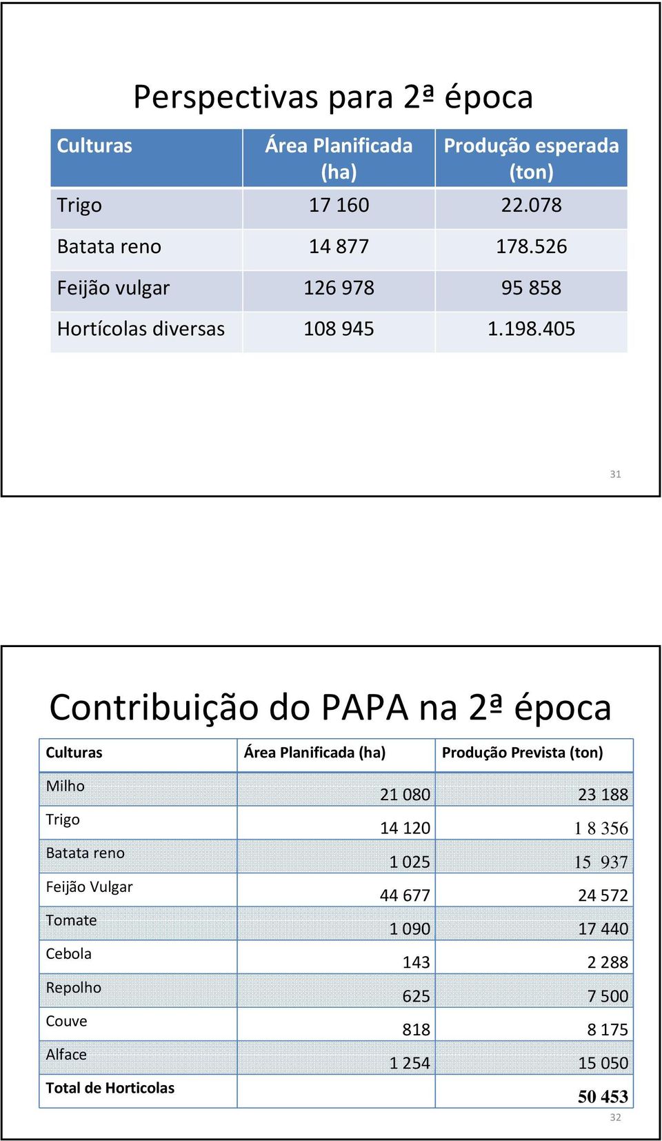 405 31 Contribuição do PAPA na 2ª época Culturas Área Planificada (ha) Produção Prevista (ton) Milho Trigo Batata reno Feijão